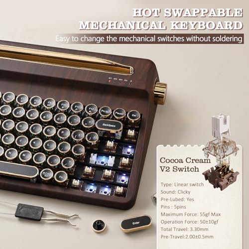 Image of YUNZII QL75 Wireless Typewriter Hot Swap Retro Mechanical Keyboard,Punk Round Keycaps,RGB Backlit QMK /VIA Programmable, Multi-Device Keyboard with 2.4GHz /Type-C /BT5.0 (Wood, Cocoa Cream V2 Switch)