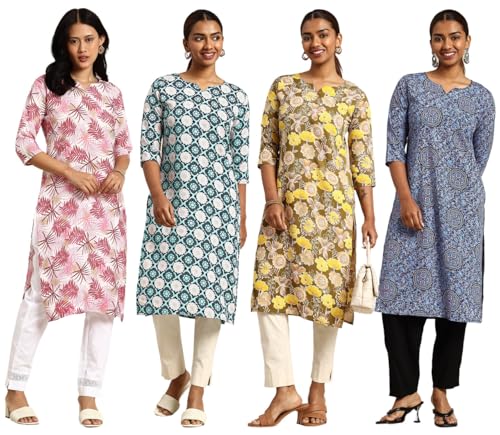 Image of JAKHANA Women's Crepe Printed Casual Straight Calf Length Round Nick Kurta Pack of 4