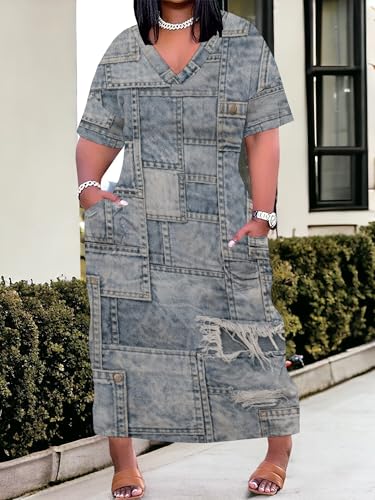 Image of SUZONANA Plus Size Dresses for Women Casual Denim Print V Neck Short Sleeve Maxi Dress Trendy Jean Ripped Streetwear Long Curvy Fashion Party Sundress