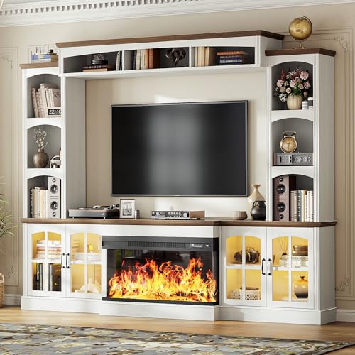 OneBlis 98' Farmhouse TV Stand with 36' Electric Fireplace,...