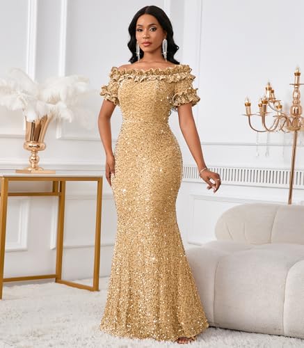 Image of dasmzper Women Sexy Sequin Off Shoulder Ruffle Short Sleeve Bodycon Mermaid Party Formal Evening Maxi Dress
