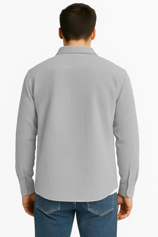 Image of DEELMO Men's Full Sleeve Corduroy Shirt | Stylish Textured Casual Button-Down Shacket for Autumn Winter | Dual Pocket Front Design | Ideal for Layering and Daily Outfits