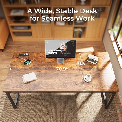Huuger 71 x 31.5 Inch Desk with Power Outlets & USB-C, 1.2 Inch Thicker Desktop, Robust Metal Tubes, Deep Computer Desk, Heavy Duty Office Desk, Work Desk for Home Office, Rustic Brown
