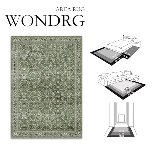 9x12 Washable Area Rug Dark Green Vintage Distressed Living Room Bedroom Large Throw Rug Non Slip Low Pile Soft Accent Indoor Floor Carpet for Dining Room Office Entryway Kitchen