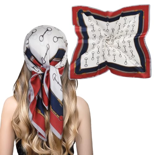 EXTREE Fashion Silky Satin Headscarf for Women Girls: Exquisite Pattern Lightweight Silk Graceful Scarfs 27.5 x 27.5 inches Burgundy Edge Horseshoe Buckle