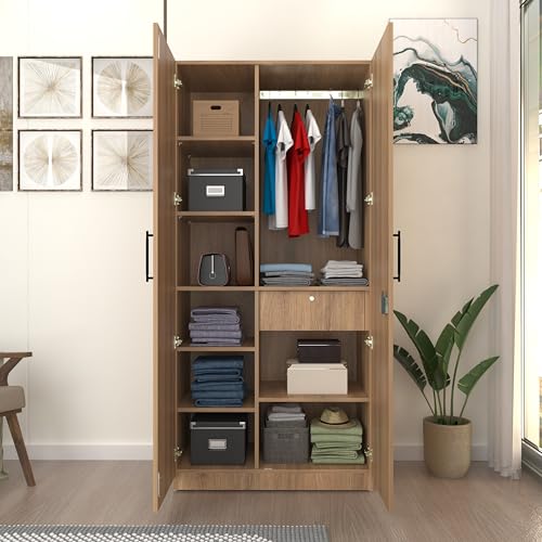 Image of Amoko Wardrobe | Engineered Wood Cupboard | Almirah | 2 Doors, 9 Shelves, Soft-Close Hinges, 1 Drawer 16 inch, 17mm Thick Shelves & Door Panels, 1 Hanging Rod | FREE Installation (Wood Oak Light)