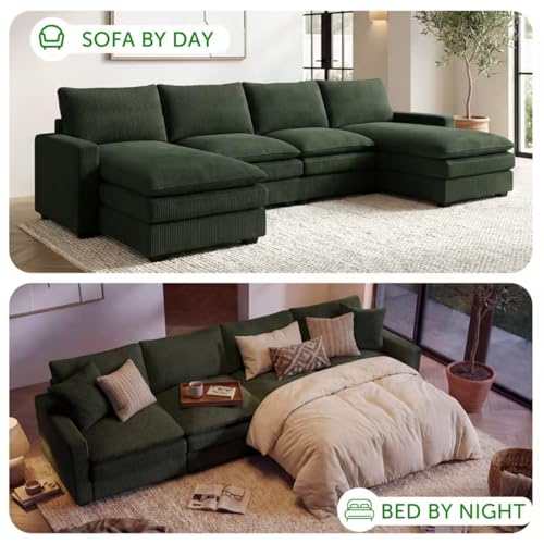 Image of HONBAY 127.2 Inch Corduroy Cloud Modular Sectional Sofa with Chaise, Deep Seat U-Shaped Couch with Storage for Living Room, Apartment, Small Space,Green