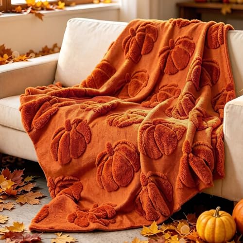 AnyDesign Fall Throw Blankets 50 x 60 Inch 3D Jacquard Pumpkin Fuzzy Blanket Autumn Soft Cozy Faux Fur Plush Blanket for Thanksgiving Holiday Home Bed Soft Couch Armchair Rust Red