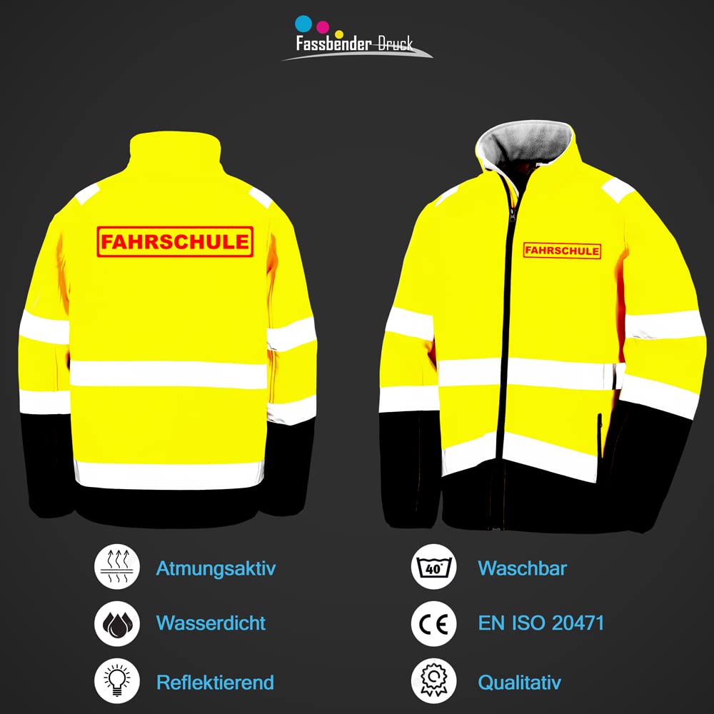FAHRSCHULE Sicherheitsjacke GELB aus Softshell - Gelb Warnjacke nach EN ISO 20471 zertifiziert - Unisex und hochwertigem Reflektorstreifen