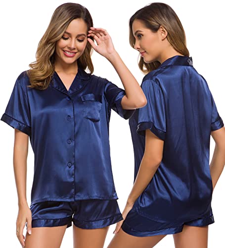 Image of SWOMOG Womens Silk Satin Pajamas Set Short Sleeve Sleepwear Button Down Top and Shorts Loungewear 2 Piece Pjs Set XS-3XL Navy Blue Solid X-Large
