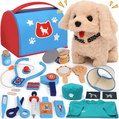 Atoylink Maletín de Doctor Juguete Veterinario de Madera para Niños con Estetoscopio Eléctrico para Perros de Peluche Bata de Doctor Regalos para Niñas Niños 3 4 5 6 7 8 Años