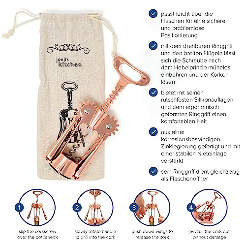 joeji's Korkenzieher Flügel Zinklegierung Roségold – mit Leinenbeutel – Ansicht 3