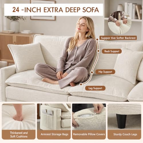 Image of 107.3 inch U Shaped Cloud Couch Modern Modular Sectional Sofa with 2 Storage Ottoman Coffee Table, 3-Seat Corduroy Deep Seat Sofa with Throw Pillows for Living Room, Bedroom, Apartment, Cream