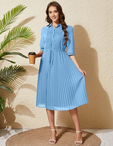 Image of Women V Neck 3 /4 Sleeve Pleated A-Line Dress with Belt Swing Midi Dresses for Spring Summer Autumn