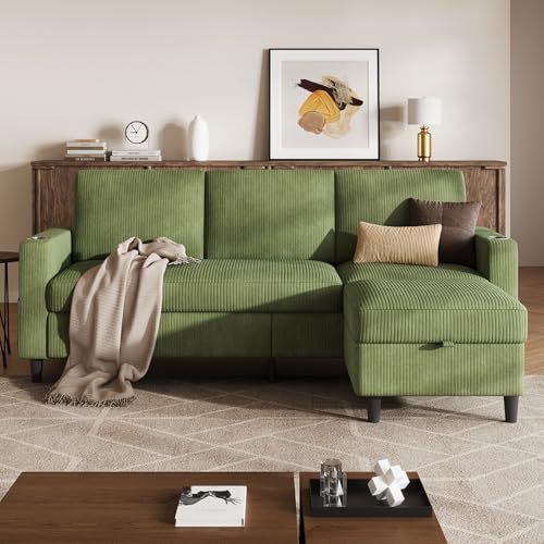 POYISOU Convertible Sectional Couches for Living Room, 3 Seats L Shaped Sofa with Storage Ottoman and 2 Cup Holders, Modern Corduroy Couch Small Sofas for Small Space Apartment Office, Green