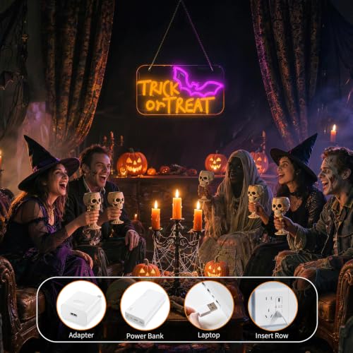 Image of MissAudrey Trick or Treat Neon Sign for Wall Window Decor, 15 * 8.7in Halloween Party Hanging Bat Neon Sign,USB Powered Dimmable Halloween Sign Decorations for Home Bar Salon Coffee Stores Porch