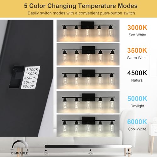 Image of Bathroom Vanity Light Fixtures, 3-Light Integrated LED Lighting Fixtures Over Mirror with Crystal Bulb Clear Glass Shade Modern Black Vanity Light for Bathroom(LED Bulbs Included)