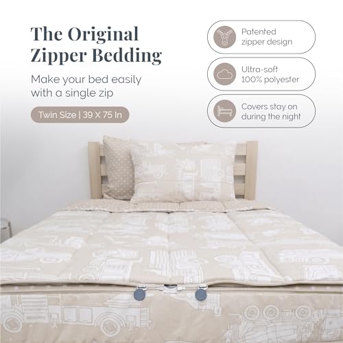 Image of Beddy's Mack Trucks Theme Durable Zipper Bedding for Kids - Bed in a Bag - Tan Sheets & Comforter with Construction Trucks & Cars - Includes Pillowcase & Sham - Easy to Make & Wash - Twin