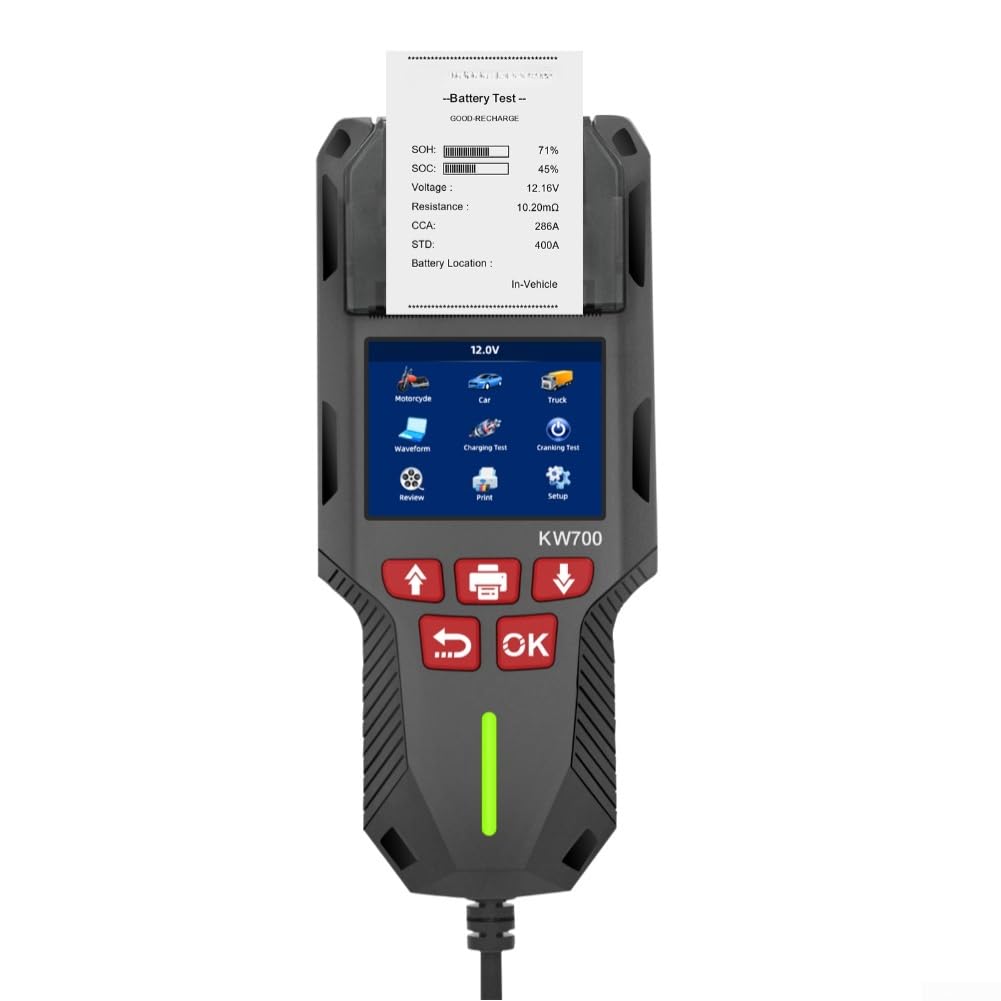 Tester KW700 per batterie al litio, AGM, GEL ed EFB da 12 V/24 V, analisi del sistema di carica, impianto di avviamento e resistenza interna con stampante termica integrata