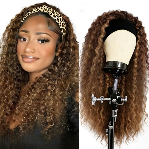 Image of XSY Headband Wig Human Hair Highlight Ombre Curly Headband Wigs for Black Women None Lace Front Wigs 150% Density 4 /27# Highglight Wig 16 Inch