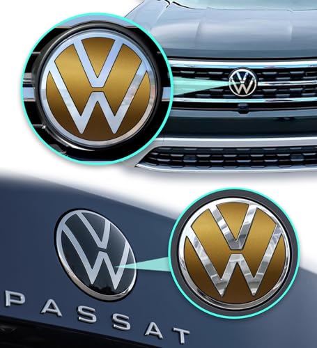 Image of IPG Decal Made for VW 2021 Passat Polo Tiguan Golf Rear /Front Emblem Logo Decals Stickers Set (4 Units) (Metallic Gold)