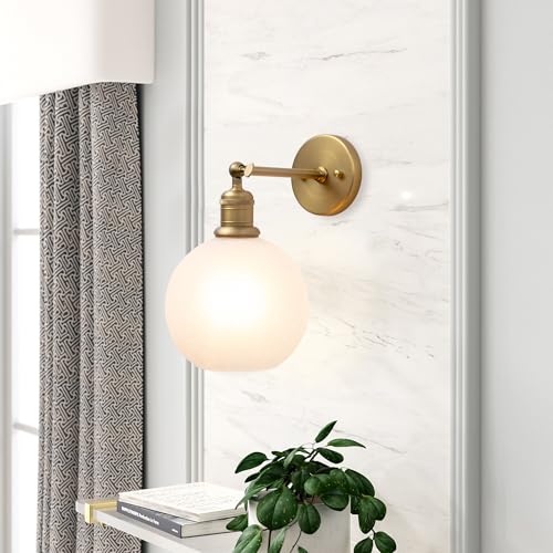 Image of Yosoan Brass Gold Wall Sconce with Ice Crackle Round Shade, 1-Light Antique Indoor Hardwired Vanity Lamp Wall Mount Vintage Industrial Light with Glass Shade for Bathroom Sink Kitchen Bedroom Hallway
