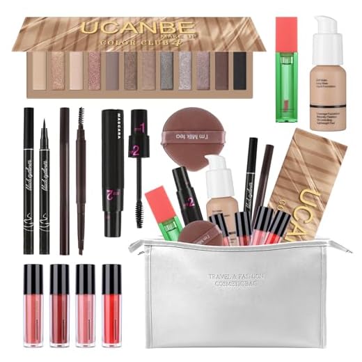 Conjunto completo de maquiagem para mulheres, bolsa de maquiagem com paleta de sombras nude de 12 cores, rímel, brilho labial, blush e base, liquidificador de beleza, caneta delineador, lápis de