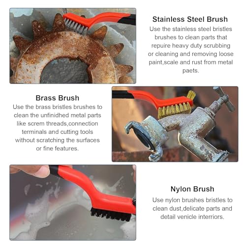 Image of 9Pcs Wire Brush Set - Stainless Steel /Brass /Nylon Bristles for Rust, Welding Slag, Paint & Dirt Removal -Automotive, Metal & DIY Cleaning Tools