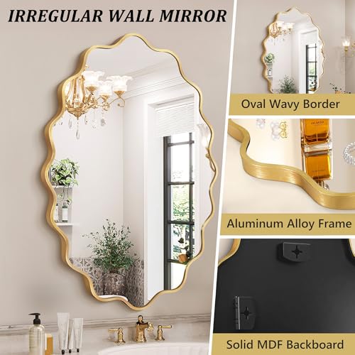 Image of Oval Wavy Wall Mirror -Irregular Wall Mirror with Gold Asymmetrical Aluminum Alloy Frame,22 inchx30 inch Decorative Wall Mirrors for Bathroom, Bedroom, Living Room, Dining Room,Entryway