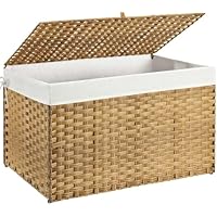 GREENSTELL Storage Basket with Lid, 42.3 Gallon(160L) Lagre Wicker Blanket Storage Basket with Handles, Foldable, 2 Removable Liner Bags, Metal Frame, for Bedroom, Laundry Room, Brown,30\"*18.1\"*18.1\"