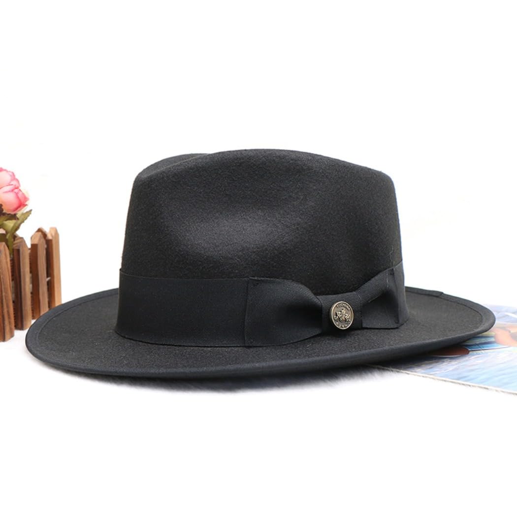 Klasyczna wełniana czapka fedora z paskiem rypsowym, czarna, metalowy emblemat