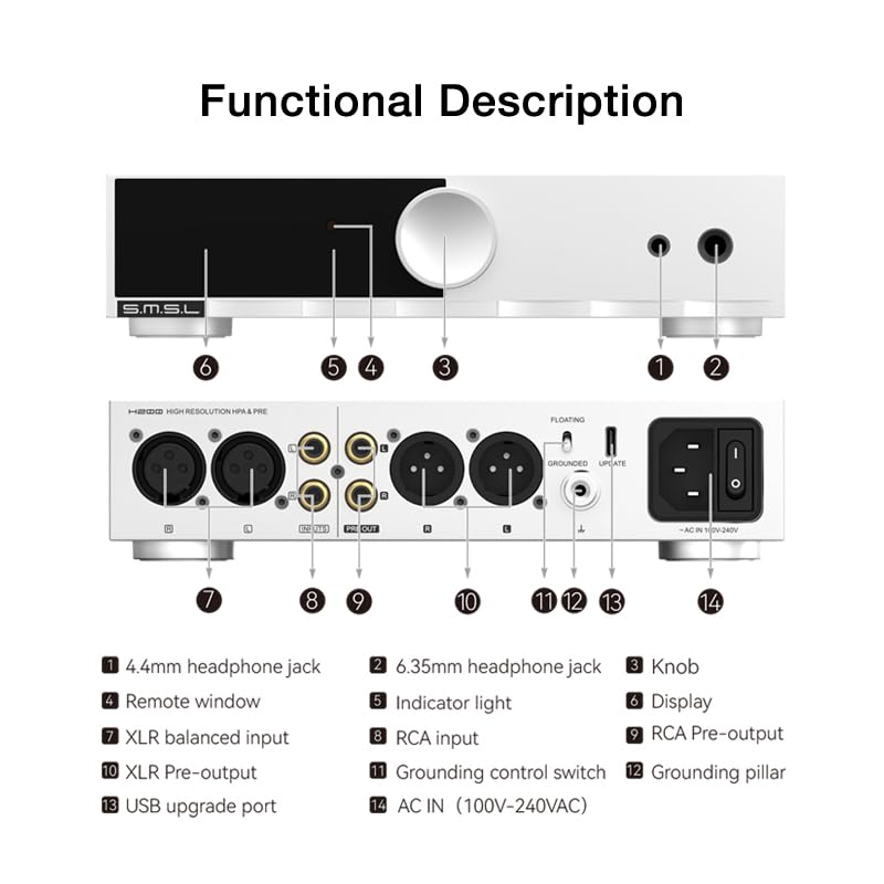 Fanmusic SMSL H200 Wzmacniacz słuchawkowy High/Med/Low Gear Gain Switch Control, funkcja przedwyjściowa ze wzmacniaczem zdalnego sterowania