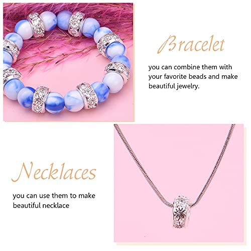 40Pcs 10 Mm Silver European Rhinestone Spacer Beads Brass Large Hole Beads Round Rondelle Loose Charm Beads For Snake Chain Bracelet Necklace Jewelry Making Supplies, Hole: 5.5 Mm #TOP5