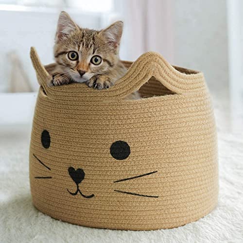 Image of ☆LBY ute Cotton Basket, Handcrafted Woven Storage Planter Basket for Home Decor, Multi-Purpose Bag with Handle for Living Room Bathroom Laundry & Toys cat shape10 x 8 inch