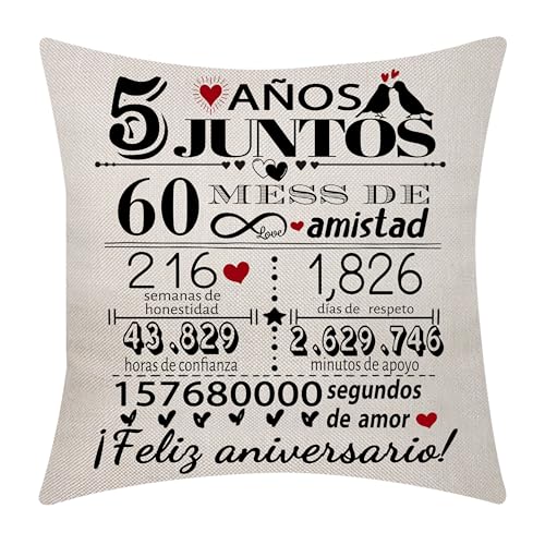 5º Aniversario de Boda Funda de Cojín 18x18 Pulgadas 5 Años de Matrimonio Regalo de Bodas Decoración para Parejas Padres Esposo Esposa Mamá Papá Tío Amigos(5)