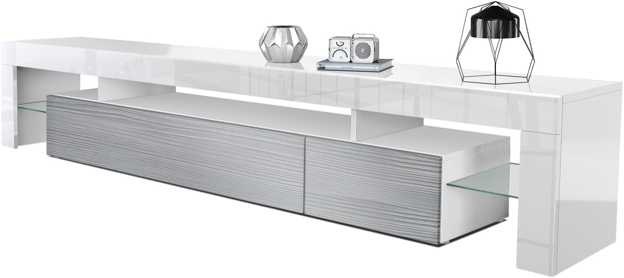 Vladon Lowboard Lima V2 Made in Germany TV Cabinet with 2 Flaps 1 Open Compartment and 2 Glass Shelves White High Gloss / Avola Anthracite 189 x 38 x 35 cm