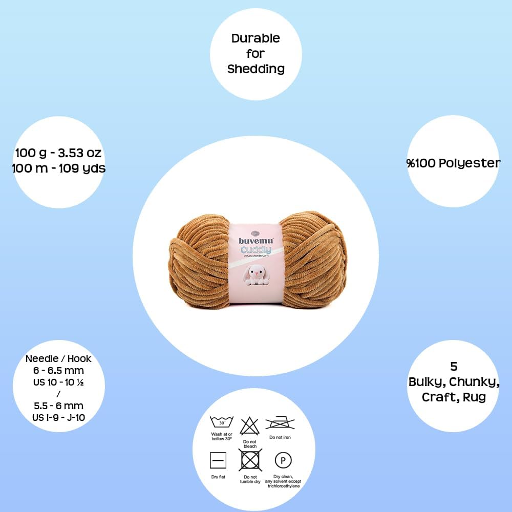 Cuddly Velvet Chenille Yarn, Super Soft Fluffy Bulky for Knitting Crocheting Blanket Amigurumi, Durable for Shedding, 100 Gram (3.53 Ounces) 109 Yards (100 Meters) (Caramel) (3 Skeins)