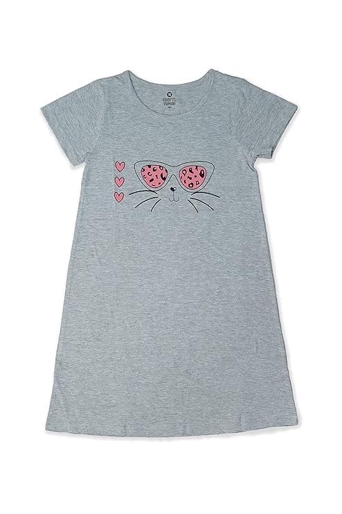 Image of Clotth Theory Girls Cotton Nightdress | Knee Length Nighty | Round Neck Short Sleeve Soft Sleepwear