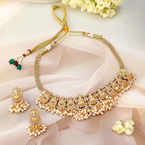 Image of Rubans Gold Plated Temple Necklace Set Traditional Statement Jewellery Gift for Women & Girls
