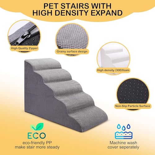 Trhillsbrad Breiter Hundetreppe 5 Stufen 62cm hoch für Kleine Hunde, Hochdichtem Schaumstoff Haustiertreppe, Waschbarem Bezug und Rutschfestem Boden