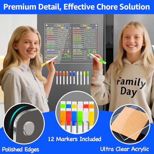 Image of PigPotParty 2-in-1 Acrylic Magnetic Chore Chart for 2 Kids, Large 16x12 in