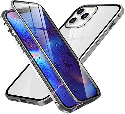 Case Compatible with iPhone 12 Pro Max, Magnetic Adsorption Double-Sided Tempered Glass with Built-in Screen Protector 360° Full Body Metal Frame Case Cover (6.7 inch, Silver)