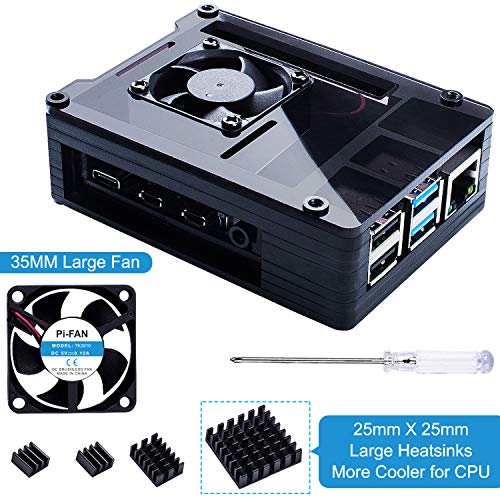 Bruphny Caja para Raspberry Pi 4, Caja con 35mm Ventilador, 4 X Disipador, Compatible con Raspberry Pi 4 Modelo B (Gran Ventilador y Disipadores)-Negro