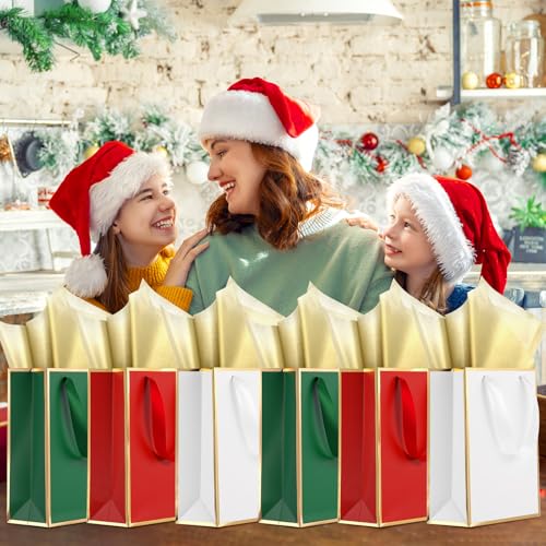 Image of Yeaqee 24 Pack Metallic Paper Gift Bags, Red, Green, White