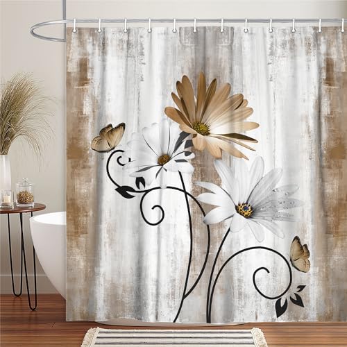 VeiVian Rustic Farmhouse Shower Curtain, Farm Tan Cream Daisy Floral Flowers and Butterfly on Country Wooden Shower Curtain for Bathroom, Beige Brown Shower Curtain with 12PCS Hooks, 70X75IN by VeiVian - Used condition - Image 3