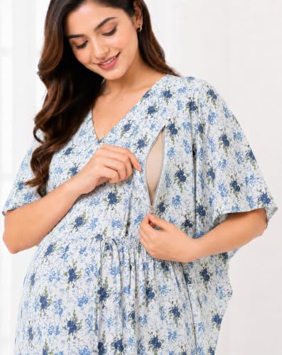 Image of Noty Women's- Kaftan | Maxi | Maternity | Feeding | Delivery Gown- Cotton Fabric- V Neck | Floral Print | 2 Pockets | Midi