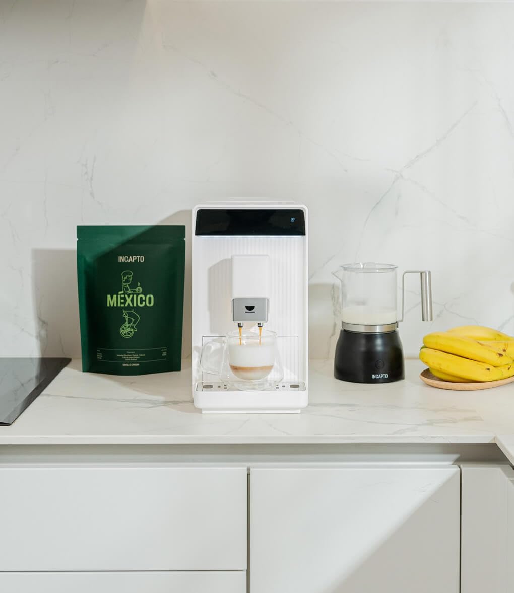 Incapto Aura Caffettiera Superautomatica | 19 Bar | Doppio Pulsante Espresso | Caffettiera a grana compatta e design elegante | Macinino regolabile | Pulizia automatica | Ricette multiple (bianco)