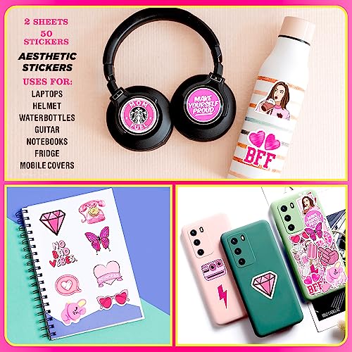 Image of FlyBuyHub Aesthetic Pink Theme Girls Vinyl Journal Stickers for Phone Case, Laptop, Notebook, Dairy, Water Bottle, Etc Self-Adhesive Set of 50 Glossy and Waterproof (Pink Theme)