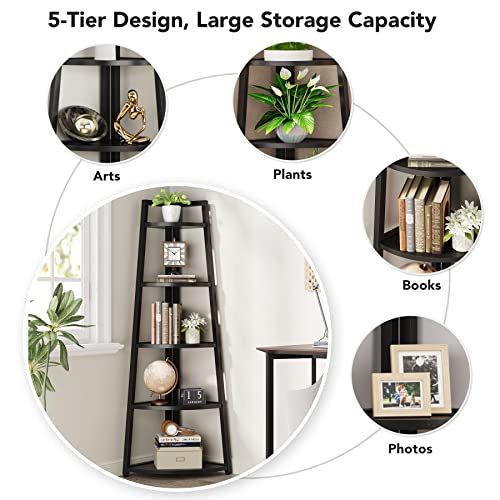 Image of Tribesigns 70 inch Tall Corner Shelf, 5 Tier Modern Corner Bookshelf Bookcase Industrial Corner Ladder Shelf Plant Stand for Living Room, Kitchen, Home Office (Black)