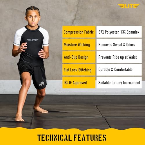 Image of Elite Sports Kids Jiu Jitsu BJJ Rash Guard, Short Half Sleeve Compression Shirt for Youth Boys Girls Sports Nogi Training